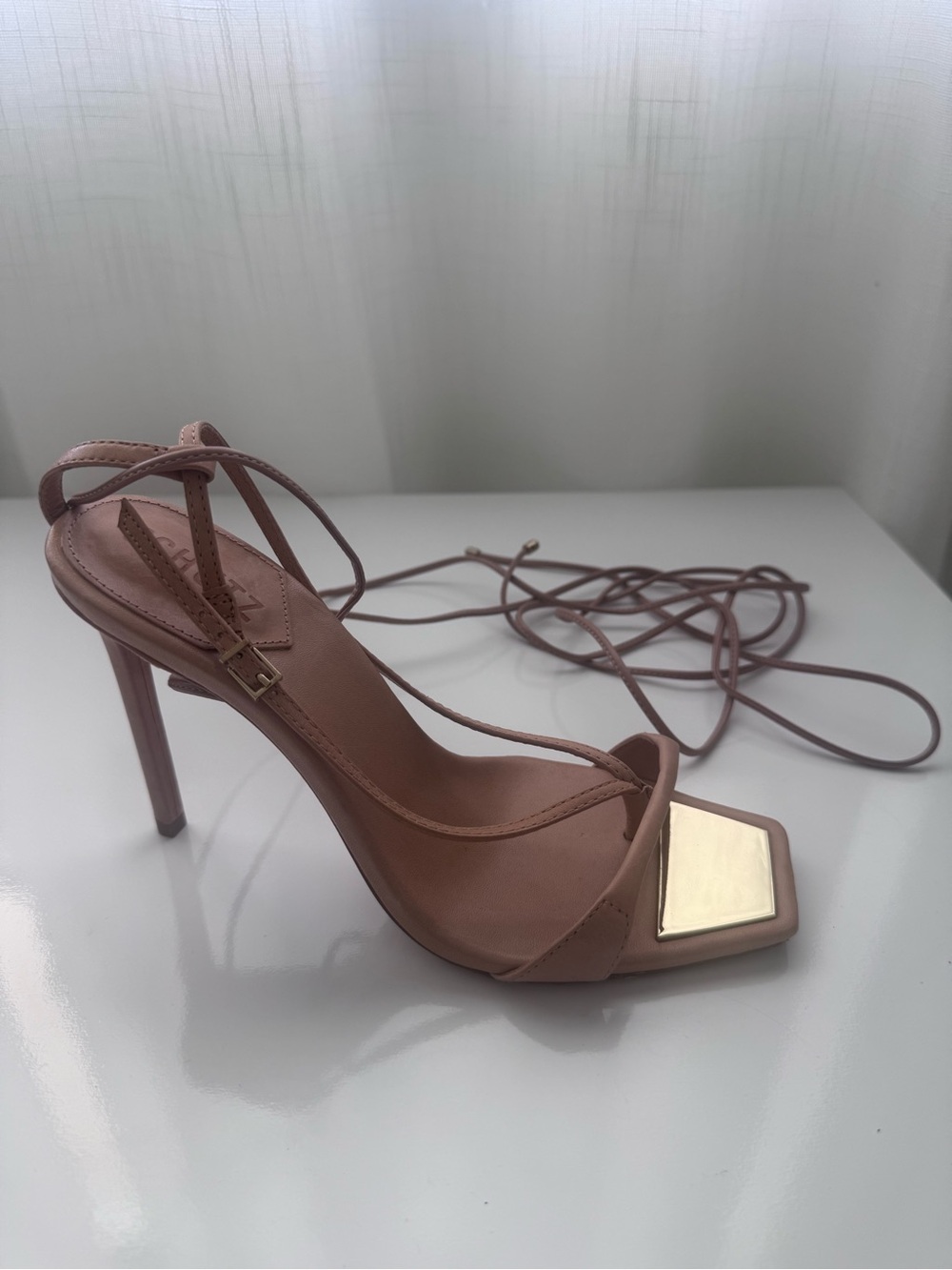 SCHUTZ Mauve Lace-Up High Heel Sandals with Gold Toe Accent